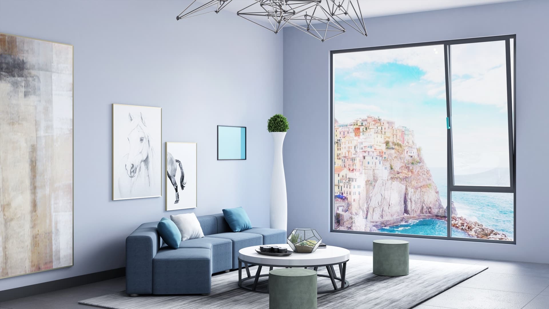 System 120 tilt and turn window in a coastal living room — system visualization