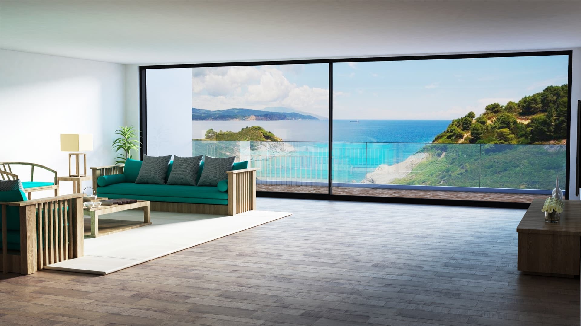 System 160Y sliding door visualization with a flush threshold opening onto a sea-view terrace